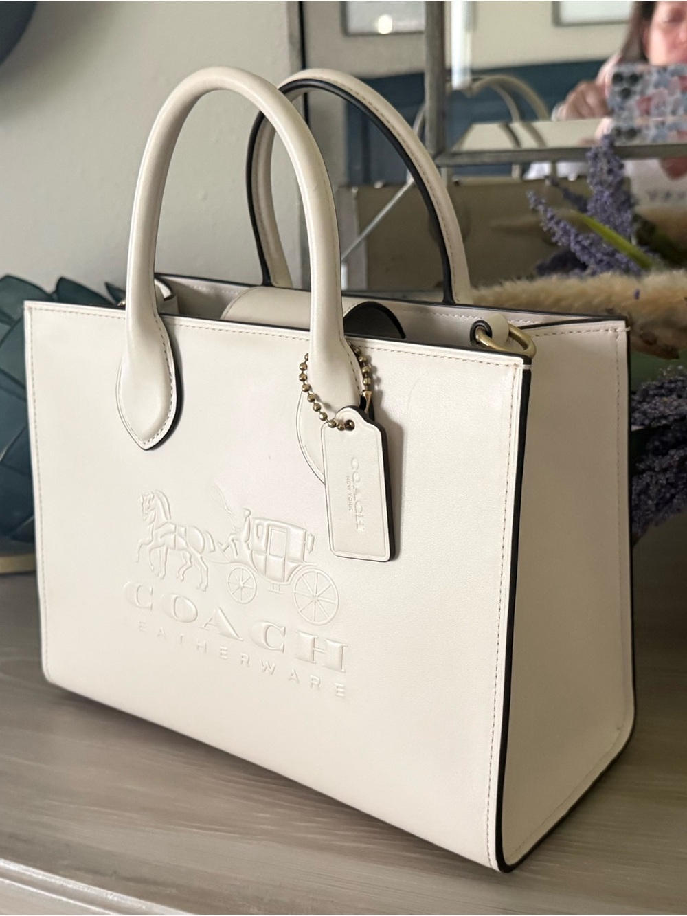 Coach White Embossed Leather Tote Bag with optional shoulder strap